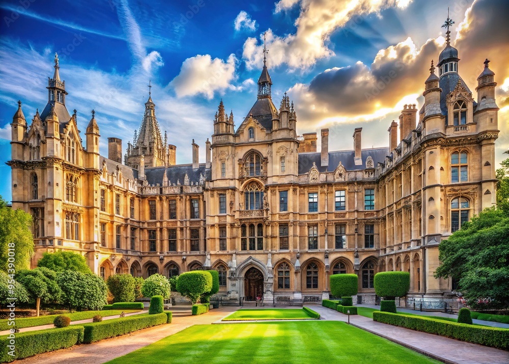 Majestic sunlit façade of iconic London landmark featuring intricate stonework, sprawling balconies, and majestic central quadrangle, surrounded by lush greenery and tranquil atmosphere. Majestic sunlit façade of iconic London landmark featuring intricate stonework, sprawling balconies, and majestic central quadrangle, surrounded by lush greenery and tranquil atmosphere.