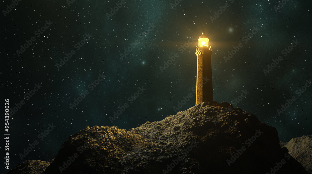 A lighthouse is lit up in the dark, with a rocky shoreline in the background. The scene is serene and peaceful, with the lighthouse providing a sense of safety and guidance in the darkness
A lighthouse is lit up in the dark, with a rocky shoreline in the background. The scene is serene and peaceful, with the lighthouse providing a sense of safety and guidance in the darkness
