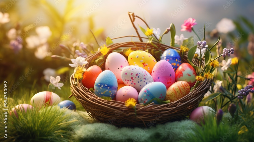 Colorful easter eggs in wicker basket surrounded by fresh green grass: festive springtime scene with vibrantly decorated eggs, perfect for traditional egg hunt and spring holiday celebrations, capture Colorful easter eggs in wicker basket surrounded by fresh green grass: festive springtime scene with vibrantly decorated eggs, perfect for traditional egg hunt and spring holiday celebrations, capture