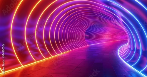 A vibrant, illuminated tunnel with colorful neon lights creating a futuristic atmosphere.