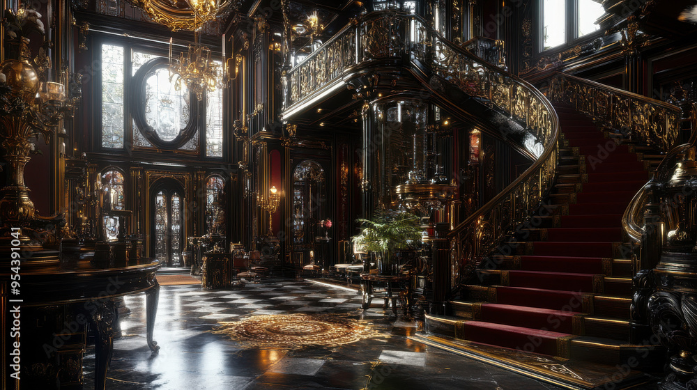 Design a photorealistic interior of a Victorian Gothic mansion temple with black, maroon, Design a photorealistic interior of a Victorian Gothic mansion temple with black, maroon,