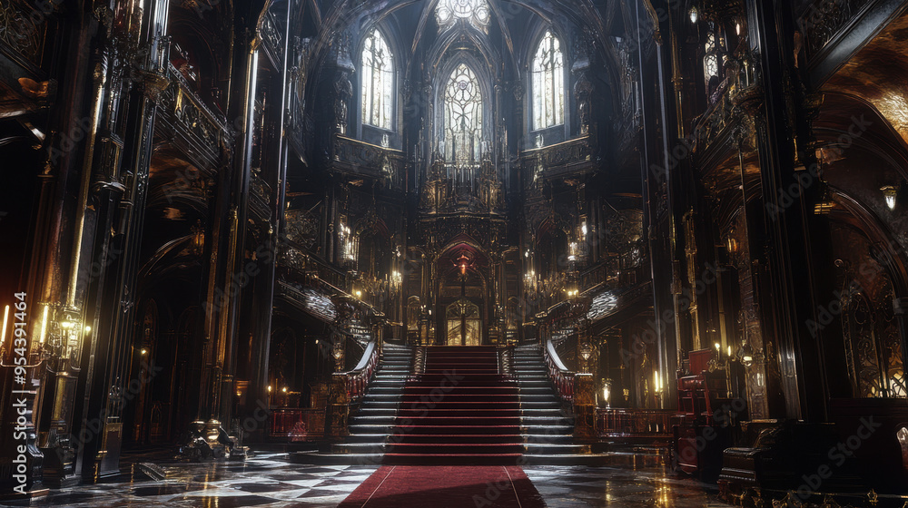 Design a photorealistic multilevel interior of a Victorian Gothic mansion temple in a large Design a photorealistic multilevel interior of a Victorian Gothic mansion temple in a large