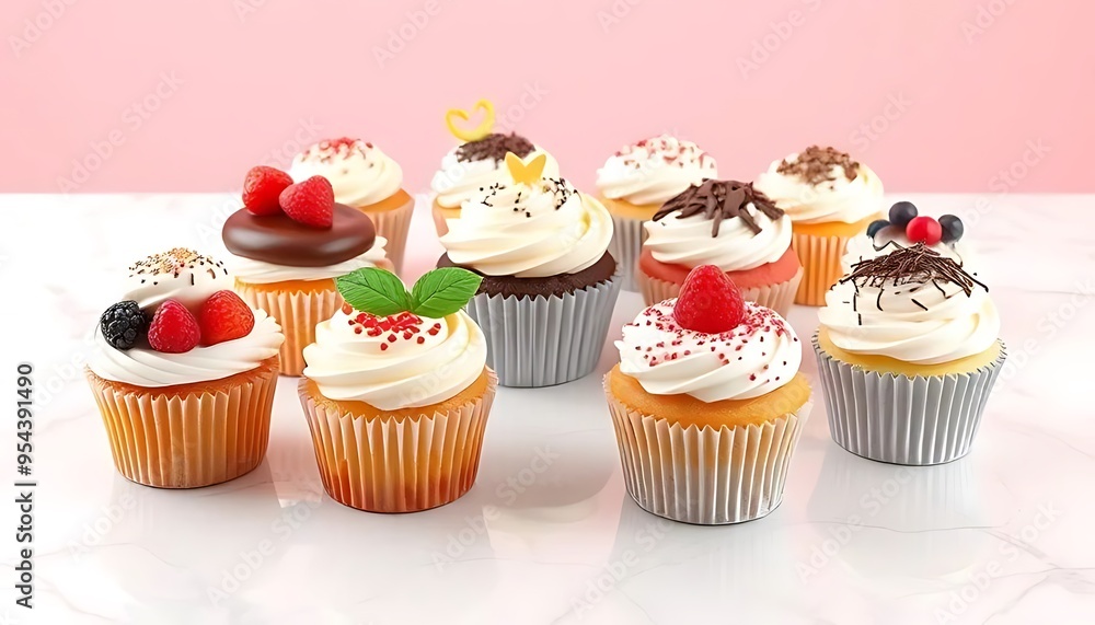 Delicious Cupcakes with Whipped Cream and Colorful Toppings Delicious Cupcakes with Whipped Cream and Colorful Toppings