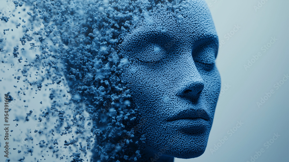 image of artificial intelligence. human face that dissolves. face made of different particles image of artificial intelligence. human face that dissolves. face made of different particles