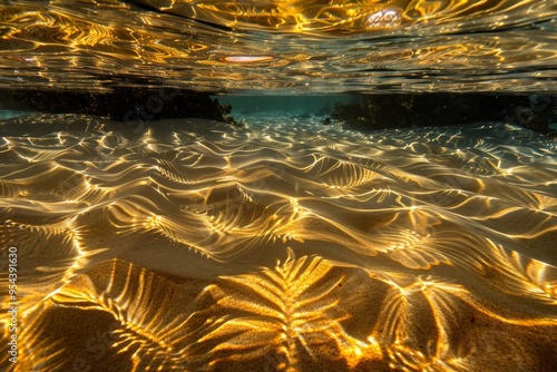 Sunlight filters through clear, rippling water, casting vibrant patterns and the shadows of palm leaves on the sandy bottom. The tropical scene radiates tranquility and warmth.