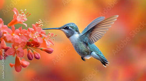 Hummingbird in Flight with Red Flowers - Nature Photography