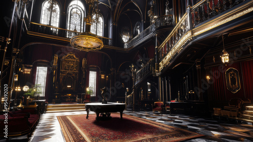 Design the interior of a luxurious Victorian Gothic mansion temple with black, maroon, photo