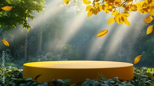 Autumn Golden Podium in Forested Outdoor Setting with Sunlit Leaves