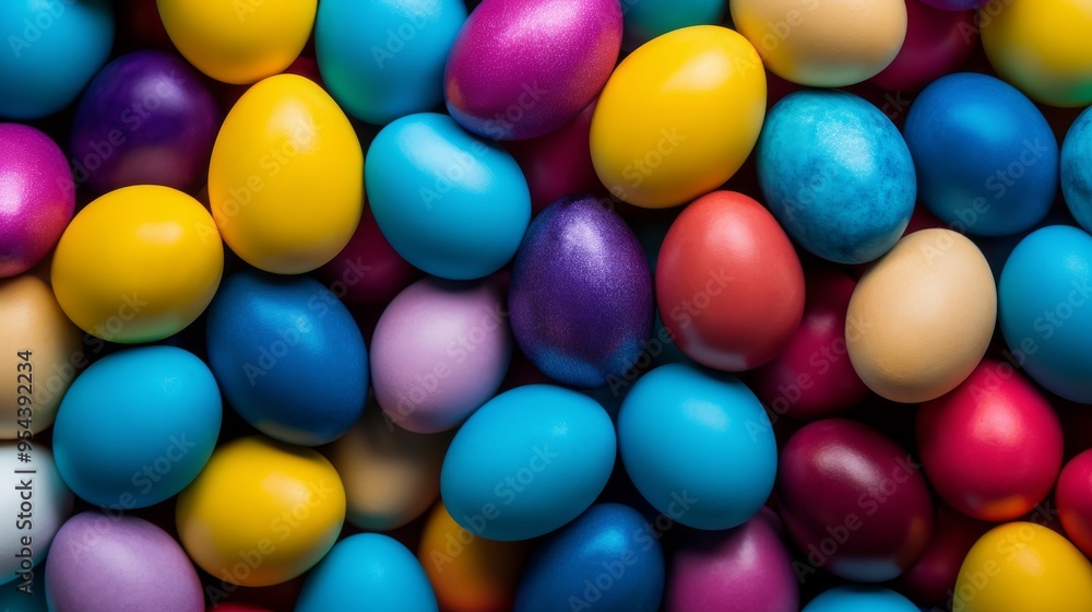 Multicolored easter eggs close-up background with vibrant pastel shades and intricate patterns, celebrating traditional spring holiday with colorful decorated eggs, ideal for festive easter themes and