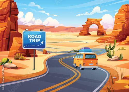 Road trip vacation by car through curvy desert road, past rock formations and road signs. Vector cartoon illustration