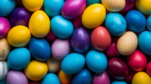 Multicolored easter eggs close-up background with vibrant pastel shades and intricate patterns, celebrating traditional spring holiday with colorful decorated eggs, ideal for festive easter themes and