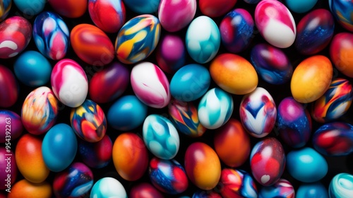 Multicolored easter eggs close-up background with vibrant pastel shades and intricate patterns, celebrating traditional spring holiday with colorful decorated eggs, ideal for festive easter themes and photo