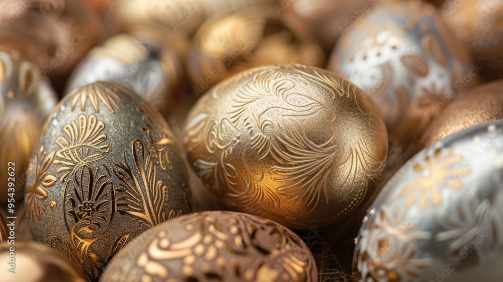 Close-up of a group of golden and silver eggs with intricate floral designs, showcasing a luxurious and festive feel. Close-up of a group of golden and silver eggs with intricate floral designs, showcasing a luxurious and festive feel.