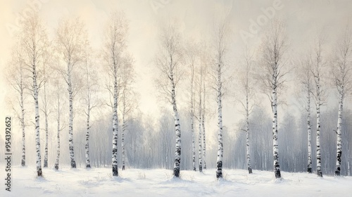 A Snowy Birch Forest in the Early Morning Light