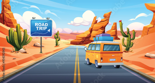 Road trip vacation by car through desert road with unique rock formations and cacti on either side. Vector cartoon illustration