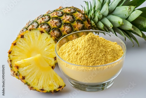 Pineapple powder in a glass cup with pineapple placed next to it , on white background , Generative AI