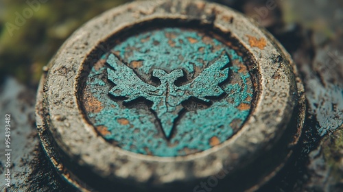   A rustic close-up of a metal object featuring a bird on its central point and a star on its side photo