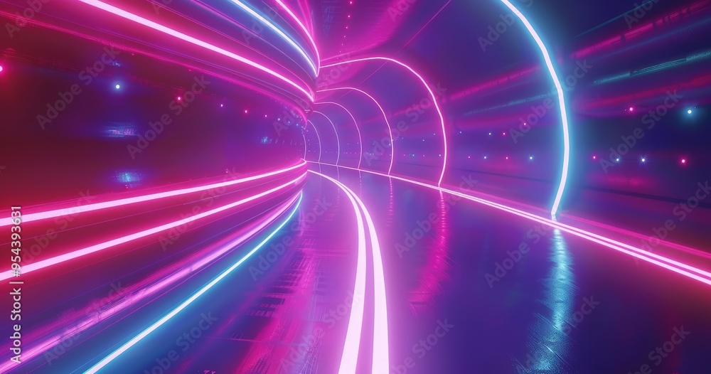 Obraz premium A vibrant, futuristic tunnel with glowing neon lights and reflective surfaces.