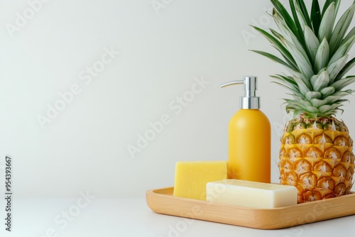 White Plastic Pump Bottle with yellow bar soaps on a wooden tray , pineapple placed next to it on white background , Generative AI photo