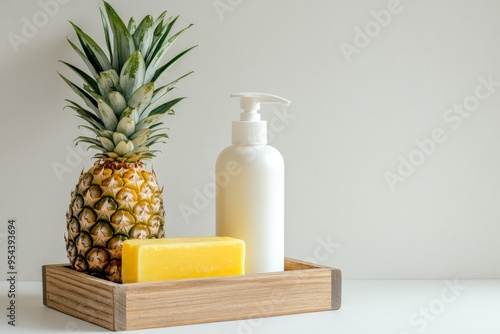 White Plastic Pump Bottle with yellow bar soaps on a wooden tray , pineapple placed next to it on white background , Generative AI photo