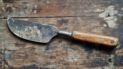 Aged putty knife on wood photo