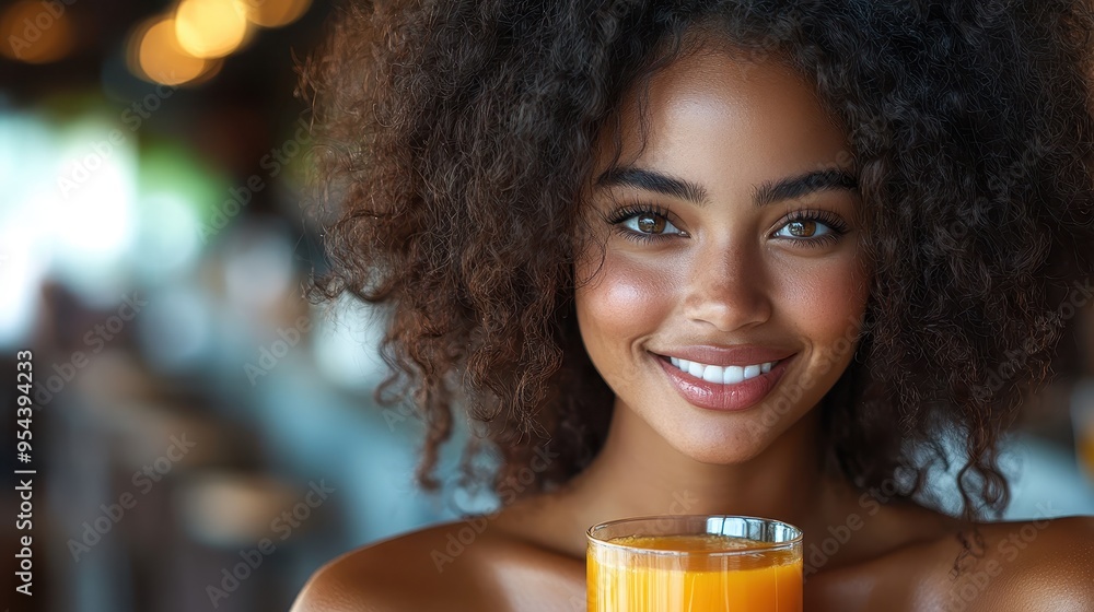 Close-Up Portrait of a Beautiful, Smiling Woman Drinking Orange Juice in a Café, with Copy Space for Text or Design Close-Up Portrait of a Beautiful, Smiling Woman Drinking Orange Juice in a Café, with Copy Space for Text or Design