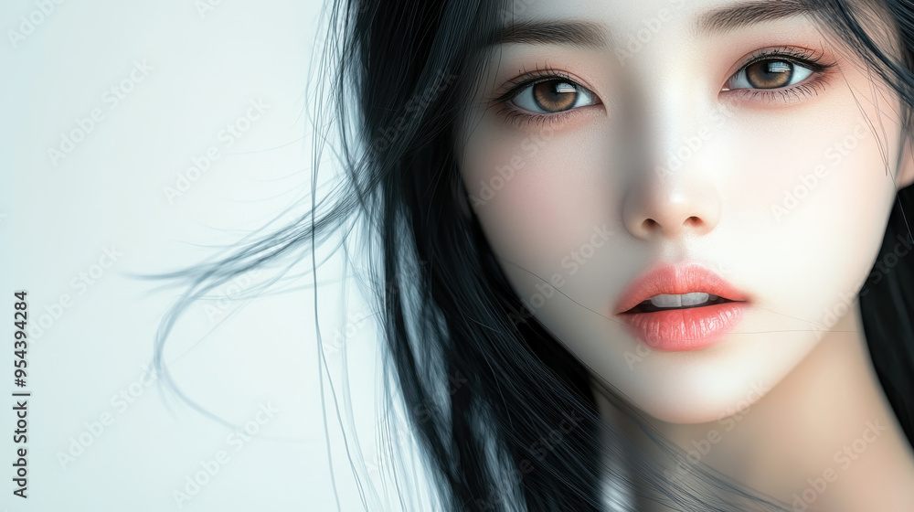 Elegant Asian woman with long black hair, big captivating eyes, and soft pink lips, her face Elegant Asian woman with long black hair, big captivating eyes, and soft pink lips, her face