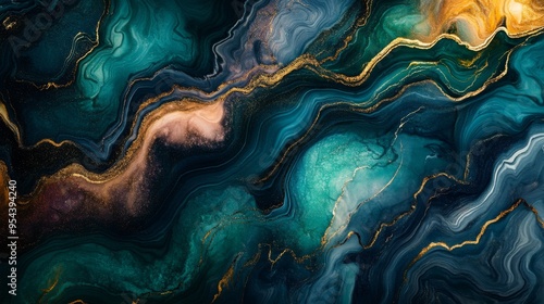 Abstract Swirling Blue and Green Liquid with Gold Accents