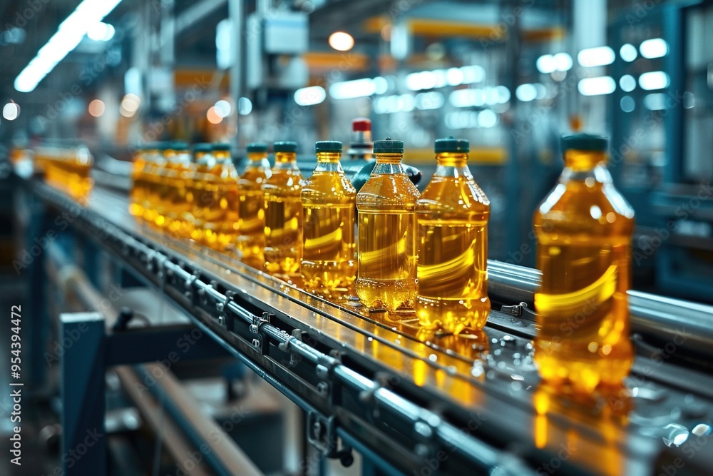 Bottles of juice are being made on a conveyor belt Bottles of juice are being made on a conveyor belt