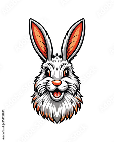 Editable stroke vector illustration of a fluffy white bunny rabbit with orange ears, a wide smile, and black eyes, isolated on a white background.