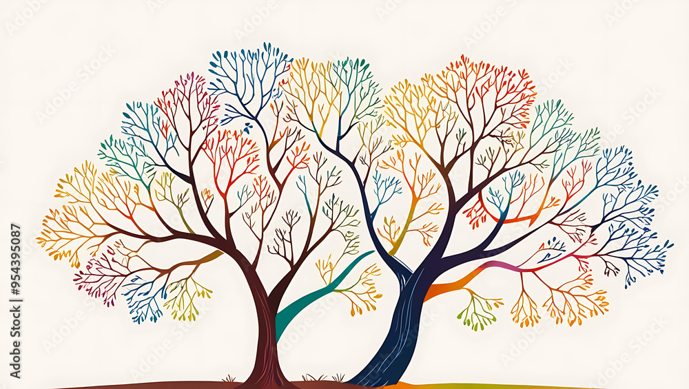 Obraz premium Abstract illustration of a tree with branches and leaves of different colors, representing diversity and growth with copy space.