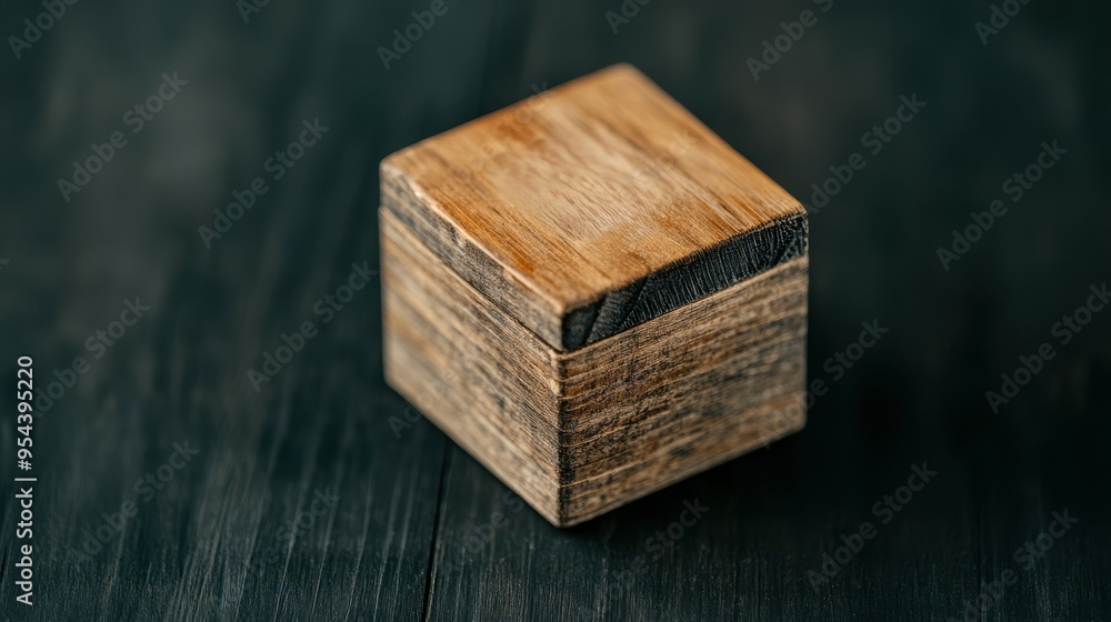Close-up view of a small rustic wooden cube with visible grain and texture, placed on a dark background. Close-up view of a small rustic wooden cube with visible grain and texture, placed on a dark background.
