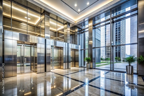 Wallpaper Mural Modern high-rise building's sleek, stainless steel, mirrored-walled empty case elevators await passengers, reflecting sleek lobby's minimalist design and copious natural light pouring in. Torontodigital.ca