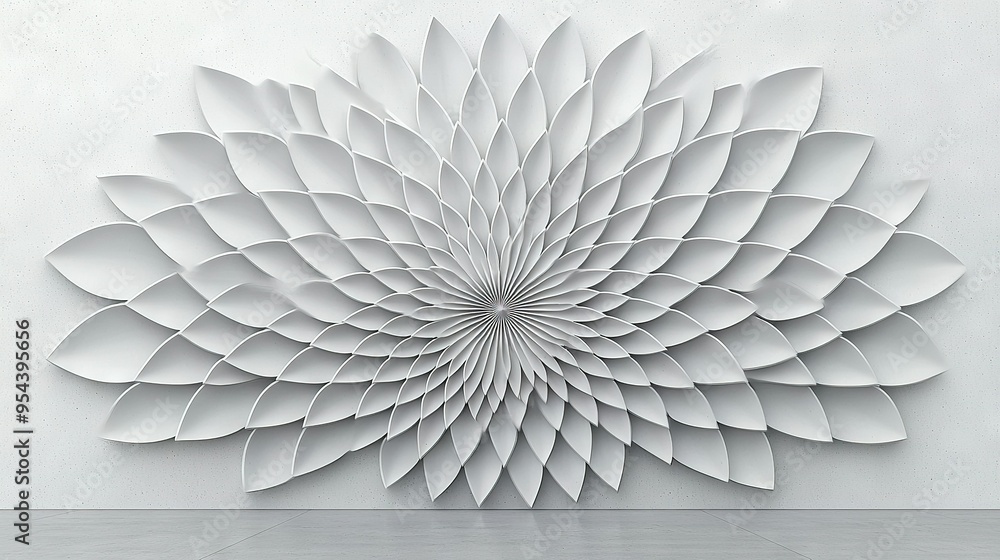 Naklejka premium A white wall featuring a large white flower cutout in its center, positioned against a white background