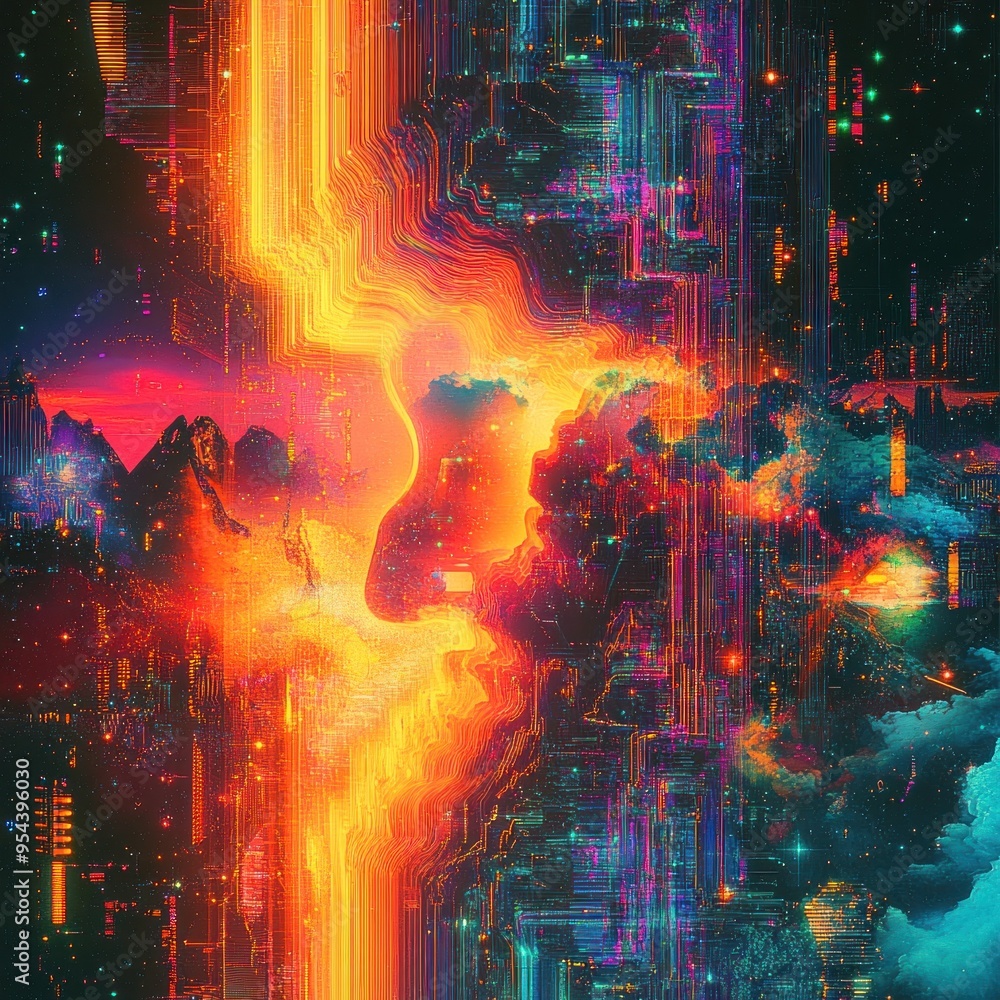 Abstract Digital Landscape with Glitch Effects and City Lights Abstract Digital Landscape with Glitch Effects and City Lights