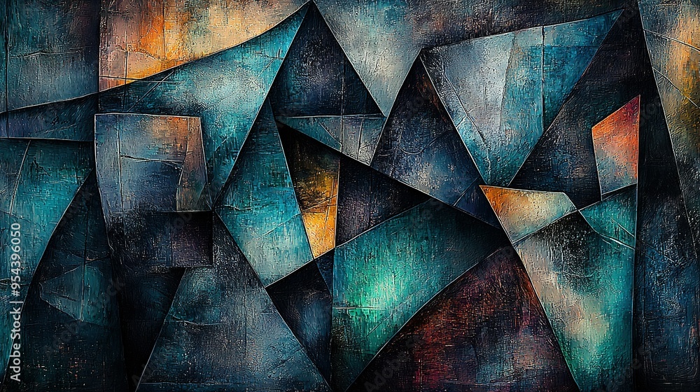A vibrant canvas showcasing abstract forms in shades of blue, orange, yellow, and brown against a dark backdrop and bordered by pure white A vibrant canvas showcasing abstract forms in shades of blue, orange, yellow, and brown against a dark backdrop and bordered by pure white