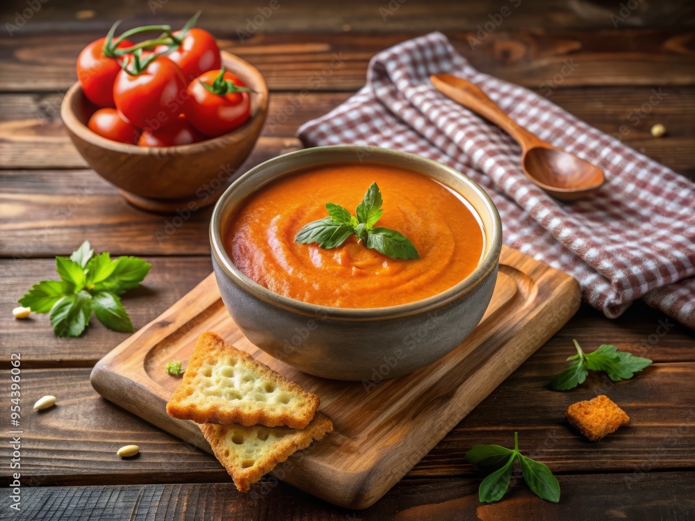 Warm, comforting bowl of creamy tomato soup accompanied by a side of crunchy, golden crackers, set against a Warm, comforting bowl of creamy tomato soup accompanied by a side of crunchy, golden crackers, set against a