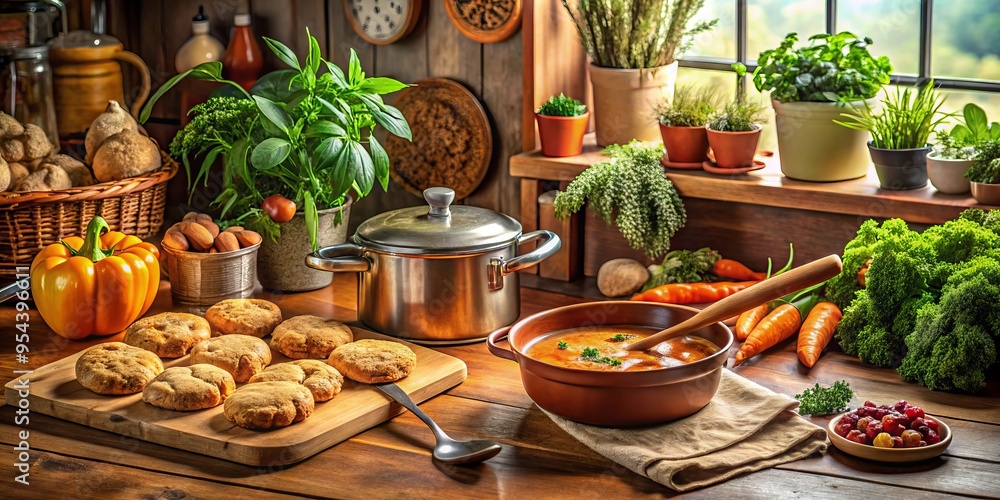 Fototapeta premium Warmly lit, freshly baked homemade cookies and a hearty stew simmering on the stovetop, surrounded by cozy kitchen