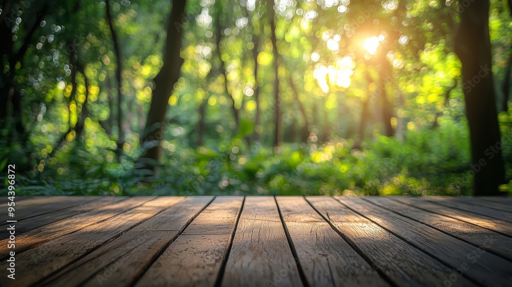 Wooden table surface in a lush green forest with sunlight streaming through the trees, ideal for outdoor nature scenes. Wooden table surface in a lush green forest with sunlight streaming through the trees, ideal for outdoor nature scenes.