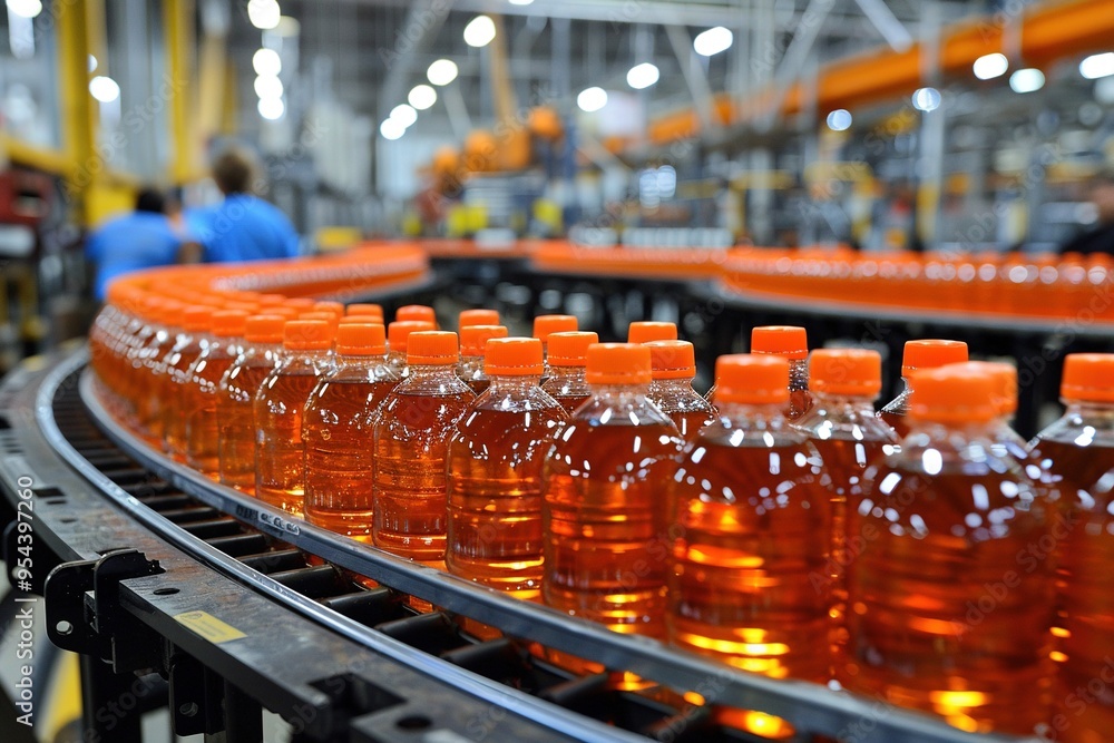 A conveyor belt is filled with orange bottles of a beverage A conveyor belt is filled with orange bottles of a beverage
