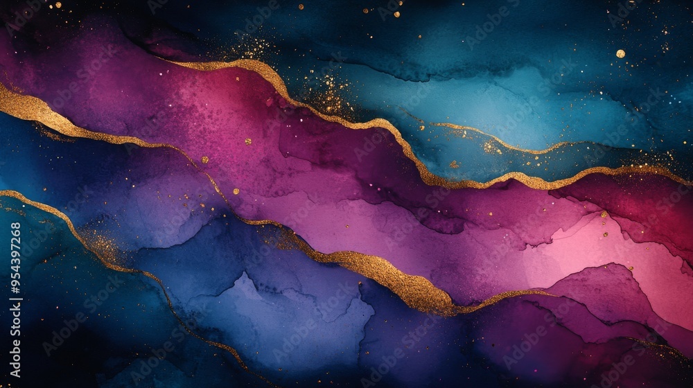 Obraz premium Abstract Watercolor Background with Gold Glitter and Swirling Hues
