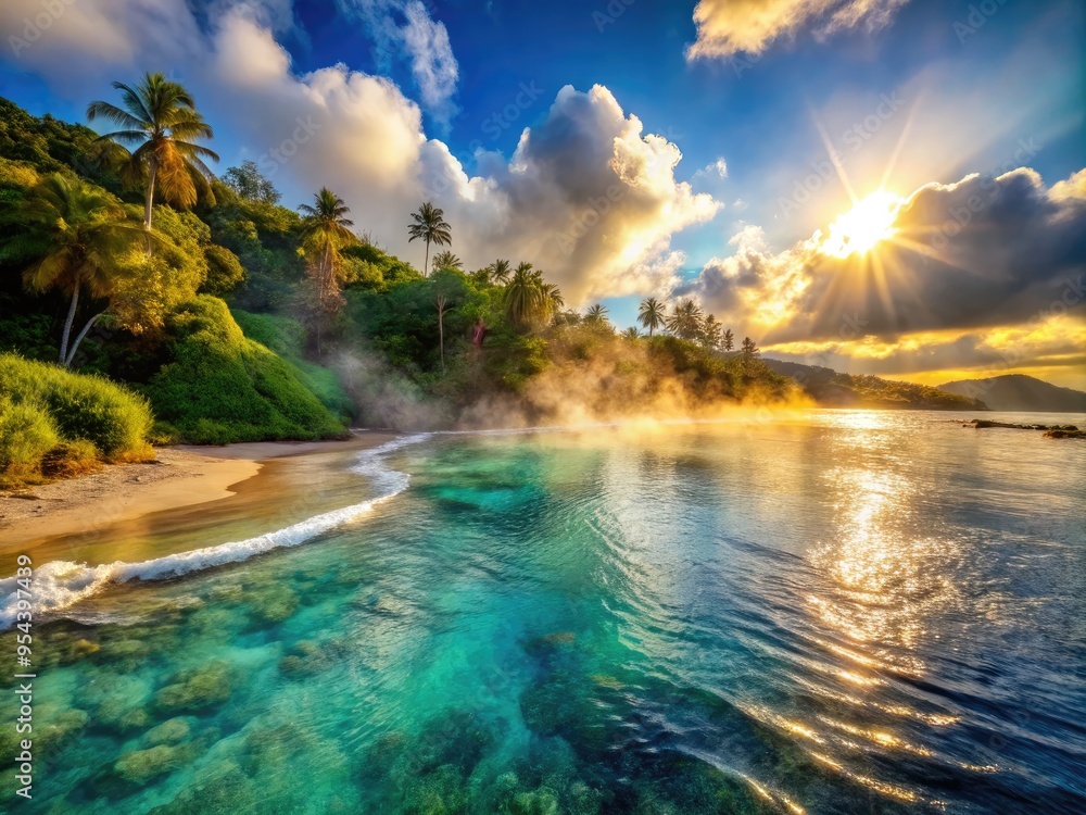 Fototapeta premium Warm sunlight illuminates a serene tropical beach scene where steaming hot geothermal water flows gently into the turquoise ocean waves.