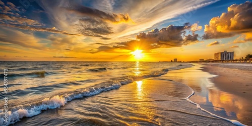 Warm sunset casts a golden glow on the tranquil shores of St. Pete Beach, where gentle waves lap