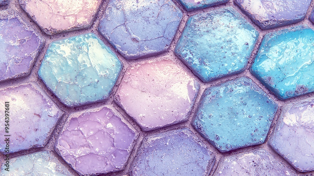 A blue, purple, and green hexagonal tile pattern with water droplets A blue, purple, and green hexagonal tile pattern with water droplets