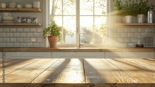 Sunlit kitchen with a rustic wooden table, potted plants, and modern decor, creating a serene and inviting atmosphere for cooking and dining.