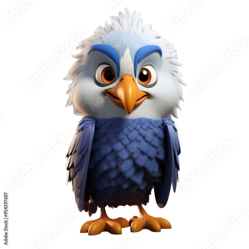 A 3D cartoon blue bird with a white head and yellow beak.