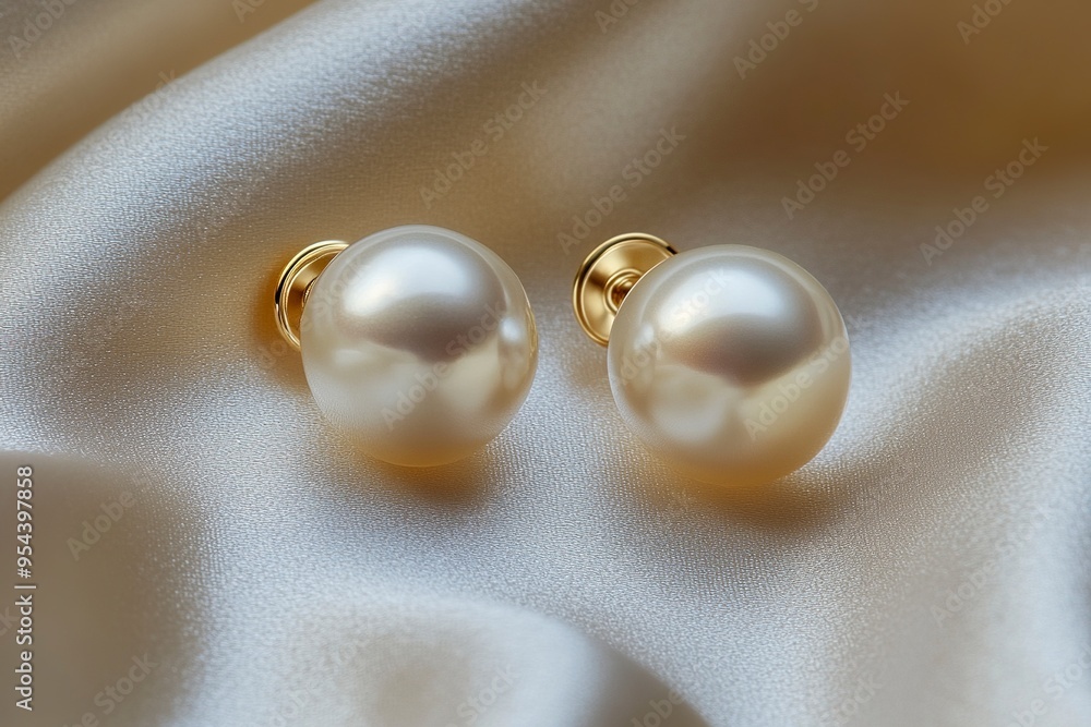 Pearl earrings with golden fittings on shiny beige silk background. Beautiful accessories for women. Elegant jewelery gift or present for wedding or saint valentine's day. Generative Ai Pearl earrings with golden fittings on shiny beige silk background. Beautiful accessories for women. Elegant jewelery gift or present for wedding or saint valentine's day. Generative Ai