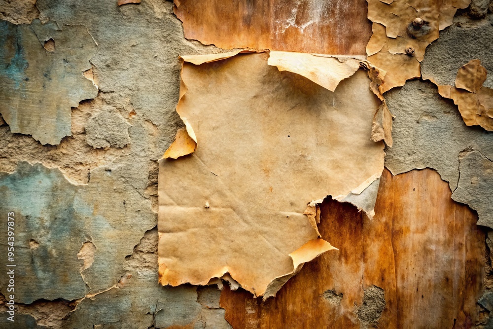 Weathered, aged paper peels away from a distressed wall, revealing a worn, earthy texture with subtle cracks and Weathered, aged paper peels away from a distressed wall, revealing a worn, earthy texture with subtle cracks and