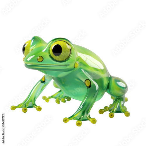 A 3D rendering of a green frog with large eyes.