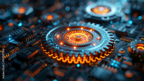 Glowing Gears and Circuitry 3D Illustration